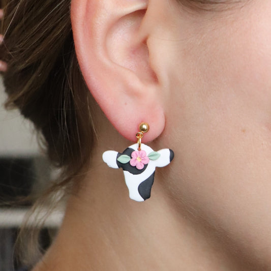 Flower Cow Dangle Earrings