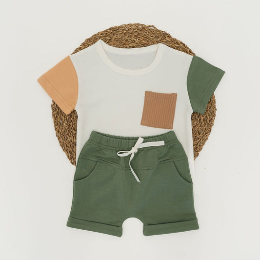 Green & Brown Color Block Two Piece Outfit